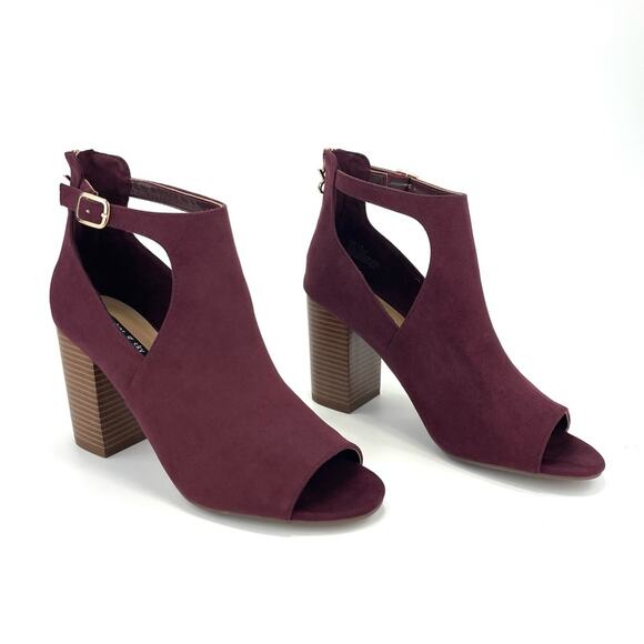 Parker & Sky Mila Open Toe Bootie/Ankle Boot Sz 9 Burgundy Faux Suede Adjustable - Picture 2 of 16